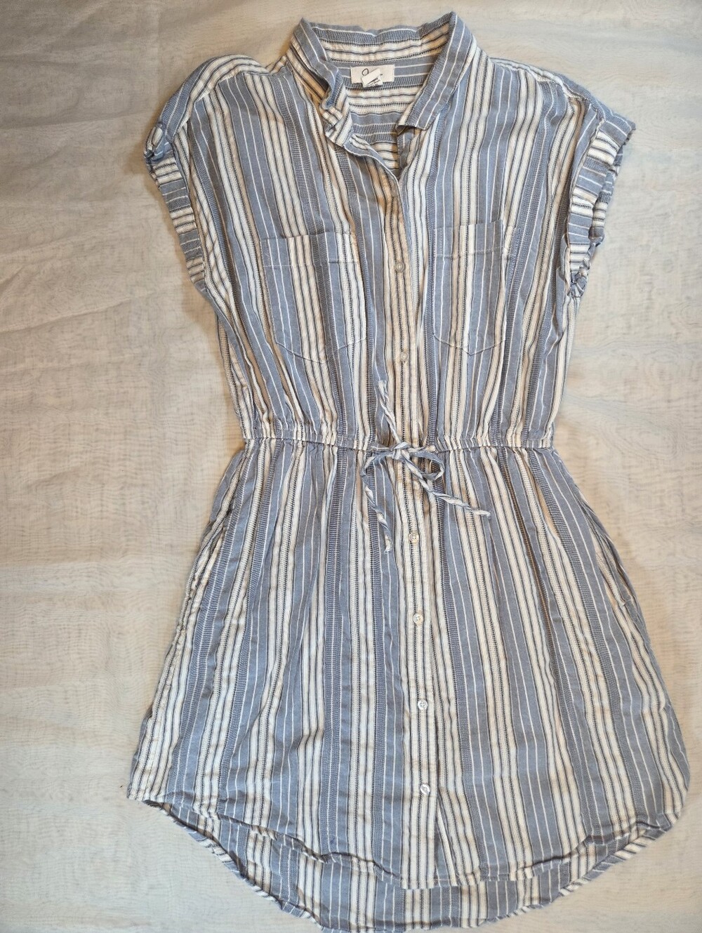 Striped Button-Front Shirt Dress in Blue and Cream